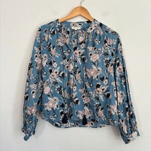 Ophelia and Indigo Floral Top Women Size Small Blue Long Sleeve Tassels